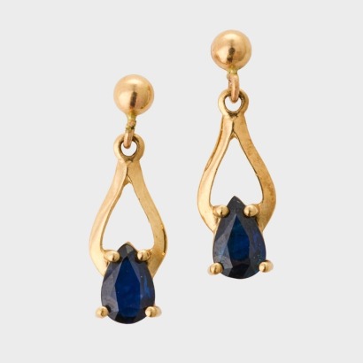 9ct Yellow Gold, Fancy Pear Shape Sapphire Drop Earrings
