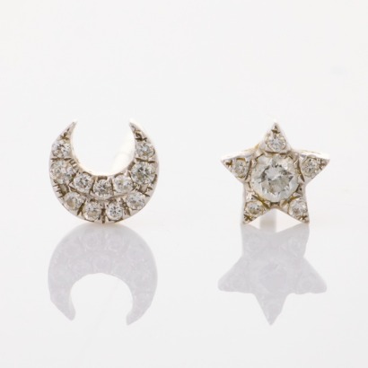 18ct White Gold, .09ct Diamond Star & Moon Stud Earrings - Near new