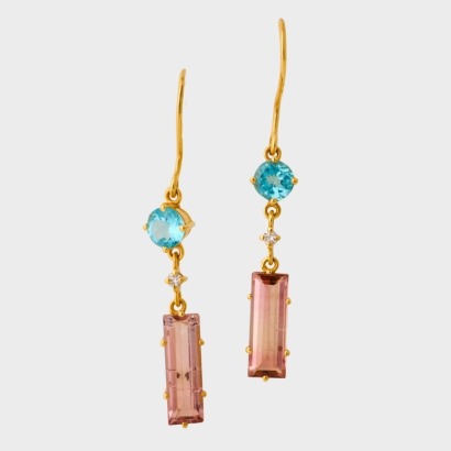 14ct Yellow Gold, Pink Tourmaline / Apatite / .02ct Diamond Drop Earrings