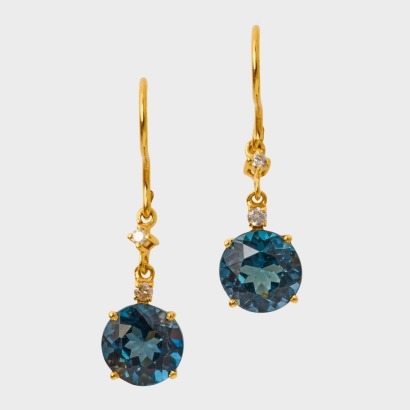 14ct Yellow Gold, 7.8mm Topaz / .04ct Diamond Drop Earrings - Near new