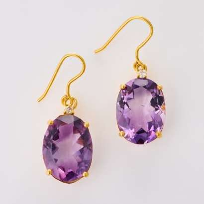 14ct Yellow Gold, Oval Amethyst / .03ct Diamond Drop Earrings - Near new