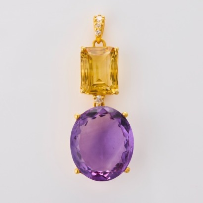 14ct Yellow Gold, 17mm x 14mm Amethyst / 11 x 8mm Citrine / .09ct Diamond Pendant - Near new