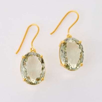 14ct Yellow Gold, Oval Prasiolite Drop Earrings - Near new