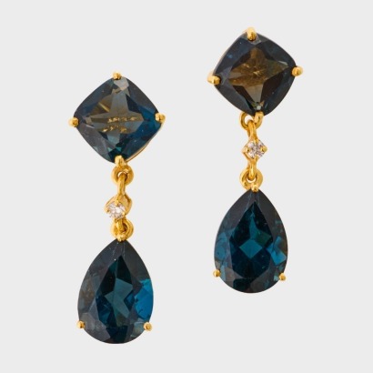 14ct Yellow Gold, Cushion Cut Topaz / .02ct Diamond Drop Earrings - Near new