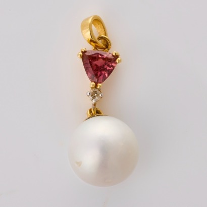 14ct Yellow Gold, Trilliant Cut Pink Tourmaline / 9mm Semi Round Pearl / .02ct Diamond Pendant - Near new