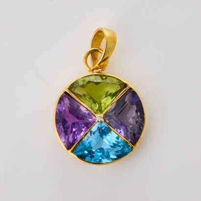 14ct Yellow Gold, Modern, Multi- Coloured Stone / .005ct Diamond Pendant - Near new