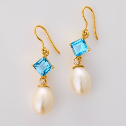 14ct Yellow Gold, Square Cut Topaz / Drop Shaped Pearl / .03ct Diamond Drop Earrings - Near new