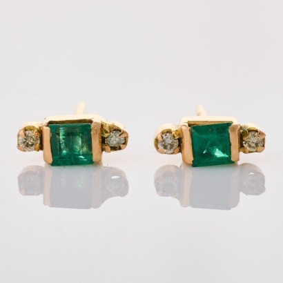14ct Light Rose Gold, Square Cut Emerald / .04ct Diamond Stud Earrings - Near new