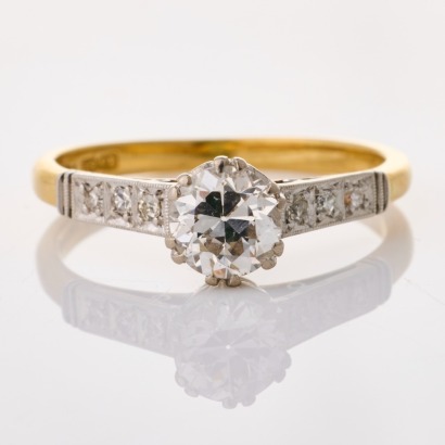 18ct Yellow / White Gold, .80ct Diamond Solitaire /.09ct Diamond Ring