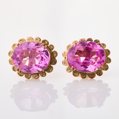 9ct Yellow Gold, Vintage, Synthetic Pink Sapphire Earrings