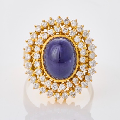 18ct Yellow Gold, Handmade, 8.68ct Sapphire / 1.59ct Diamond Cluster Ring
