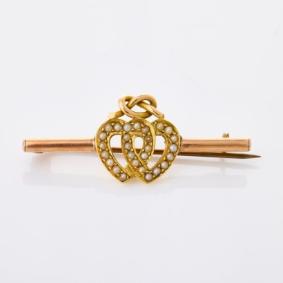 15ct Rose / Yellow Gold, Victorian Seed Pearl 'Sweetheart' Bar Brooch