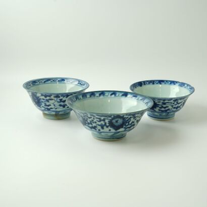 A Set of Three Chinese Qing Dynasty Blue and White Bowls