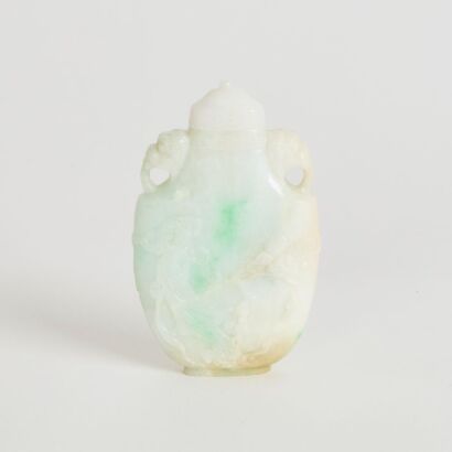 A Chinese 20th Century Jadeite &lsquo;Lady and Phoenix&rsquo; Snuff Bottle