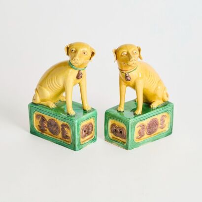 A Pair of Chinese 19th Century Qing Dynasty Famille-rose Dog Ornaments
