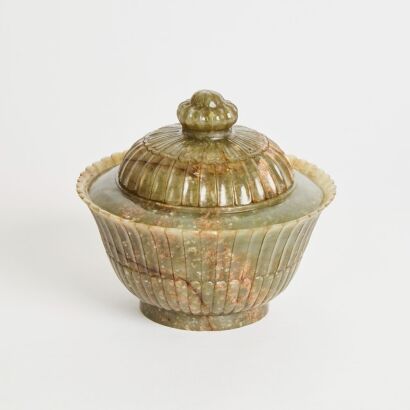 A Chinese 19th Century Qing Dynasty Spinach-green Jade Covered Vase in Hindustan Style (Inscribed with 'Palace Museum Collection' on Base)