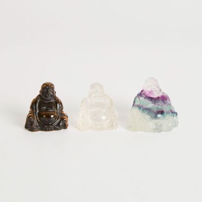 A Group of Three Chinese Natural Crystal and Tiger's Eye Small Buddhas