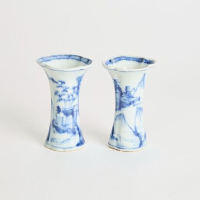 A Pair of Late Ming to Early Qing Blue and White Small Gu Vases