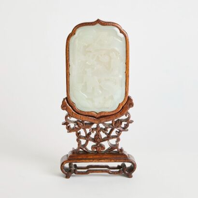 A Chinese Qing Dynasty White Jade Plaque (with Original Wood Stand)