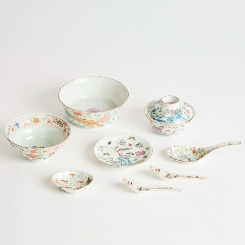 A Group of Eight Chinese Qing Dynasty Famille-rose 'Birds and Flowers' Porcelain Items