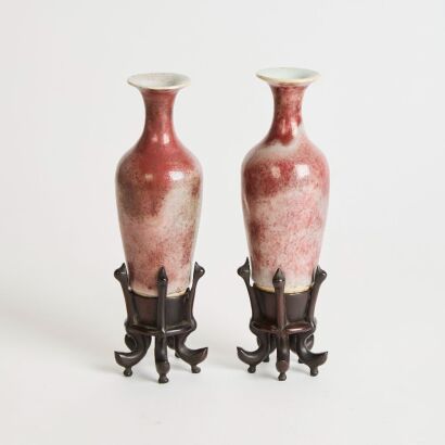 A Pair of Chinese Qing Dynasty Langyao-Red Glazed Willow-leaf Vases (Qing Dynasty Kangxi Year Mark)