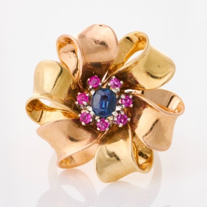 14ct Yellow / Rose Gold, .55ct Sapphire / .25ct Ruby Dress Ring, circa 1940's
