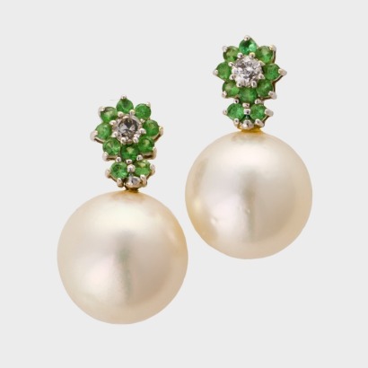 14ct Yellow Gold, .50ct Tsavorite / .20ct Diamond / Cultured Pearl Earrings