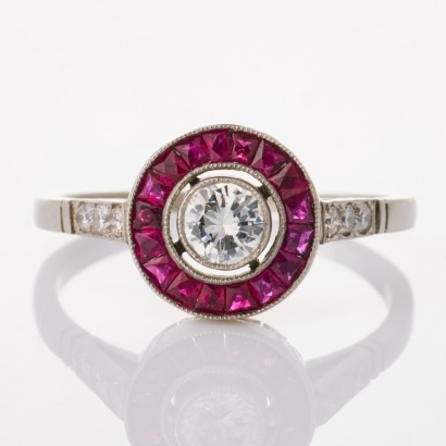 Platinum, .24ct Diamond / .61ct Ruby / .09ct Diamond Cluster Ring