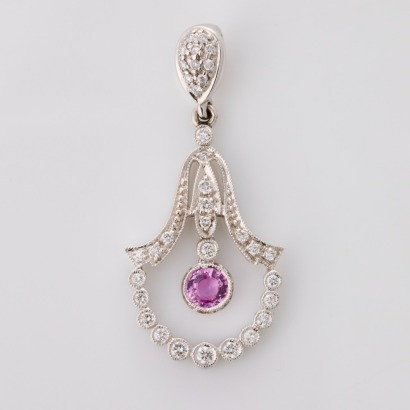 18ct White Gold, Antique Style, .37ct Pink Sapphire / .37ct Diamond Pendant with Bale
