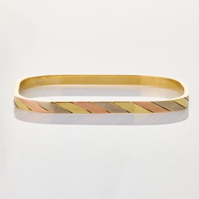 14ct Yellow / White / Rose Gold, Rectangular Hollow Hinged Bangle