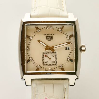 Stainless Steel, 37mm TAG Heuer Monaco Mother-of-Pearl Diamond Dial Quartz Wristwatch, circa 2018