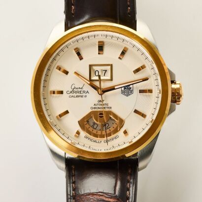 Stainless Steel/Rose Gold, 42.5mm TAG Heuer Grand Calibre 8 Carrera GMT Automatic Wristwatch, circa 2013