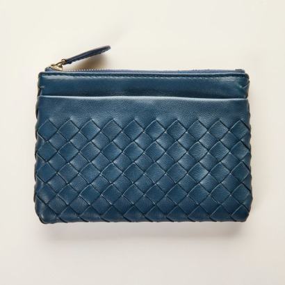 Bottega Veneta, Blue Intrecciato Leather Coin Purse with Box