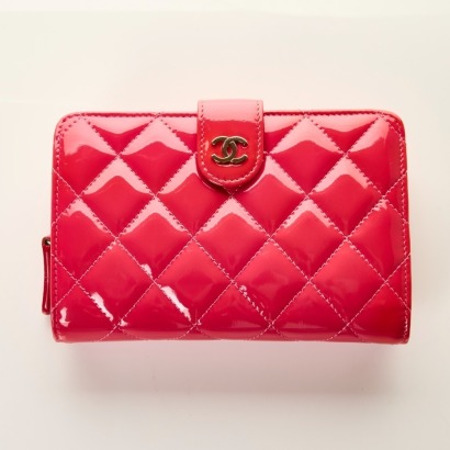 Chanel, Pink Quilted Patent Leather CC Wallet with Box
