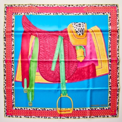 Herm&egrave;s, Blue Selle D'Officier en Grande Tenue Print 100% Silk Scarf with Box