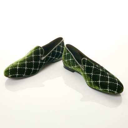 Chanel, Dark Green Velvet Moccasin Loafers, Size 38.5