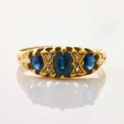 18ct Yellow Gold, Vintage, Three Stone Sapphire / .02ct Diamond Ring
