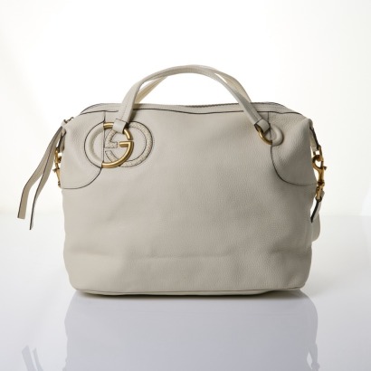 Gucci, White Pebbled Leather Twill Top Handle Bag