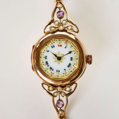 9ct Rose Gold, 28mm Wilsdorf & Davis/ Rolex, Hand-wound Wristwatch with Seed Pearl and Amethyst Bracelet, circa 1916