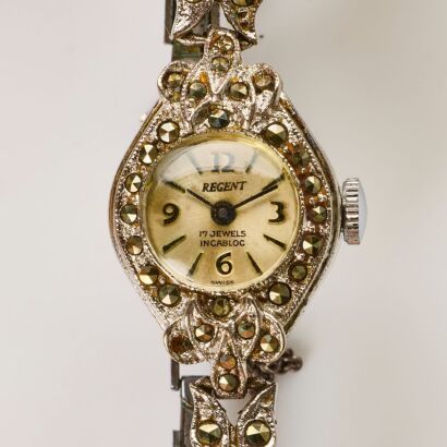 Regent Swiss Made Steel, 15.5mm Marcasite Hand-wound Cocktail Wristwatch, circa mid 20th C