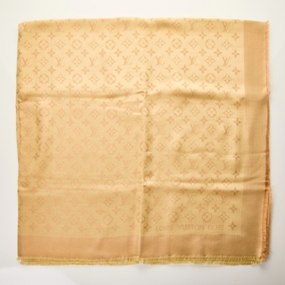 Louis Vuitton, Beige / Pink Metallic Monogram Shawl with Box