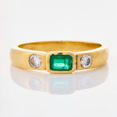 18ct Yellow Gold, .35ct Emerald / .20ct Diamond Three Stone Ring