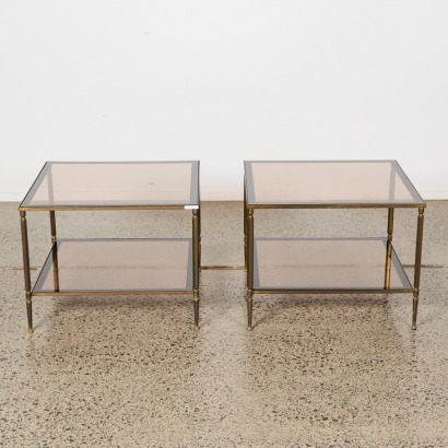 A Pair of Vintage French Neoclassical Style Brass and Smoked Glass Side Tables