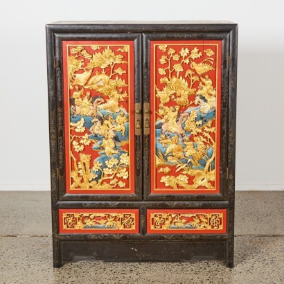 A Chinese Late 19th Century Red Lacquer and Gilt &lsquo;Warrior Figures&rsquo; Two-door Cabinet