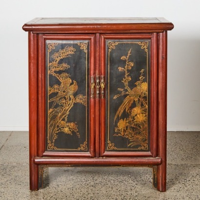 A Chinese 19th Century Black Lacquer' Birds and Flowers' Double-doors Cabinet