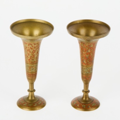 A Pair of Vintage Brass Red Enamelled Vases