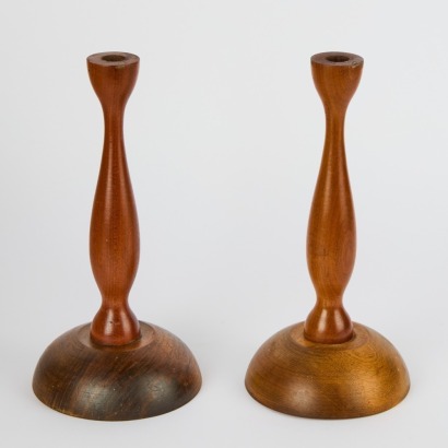 A Pair of Mid-Century Turned Wooden Candlesticks