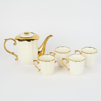 A Five Piece China Tea Set In White & Gold