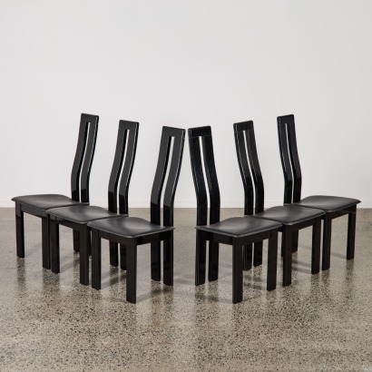 A Suit of Six Black Lacquer Chairs by Pietro Costantini for Ello, Italy c.1980s