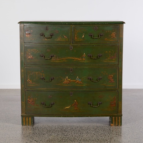 A Green and Gold Chinoiserie French Directoire Five Drawer